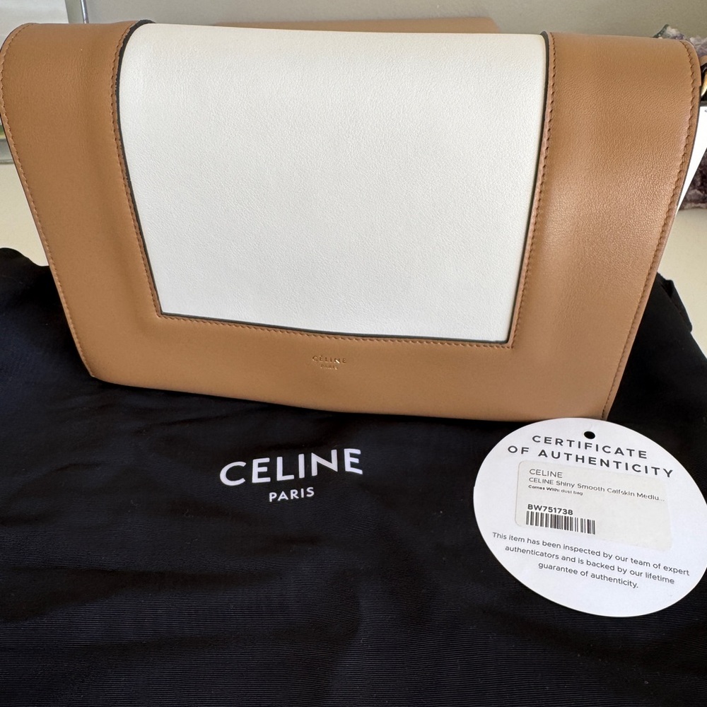 Celine Frame Tan and White Leather Handbag Calfskin